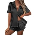 thumbnail image 2 of Hinvhai Womens Silk Satin Pajamas Set Clearance, 2 Piece Shorts Set Short Sleeve Ruffle Silk Pj Set Button Down Notch Collar Sleepwear Black S(S), 2 of 7