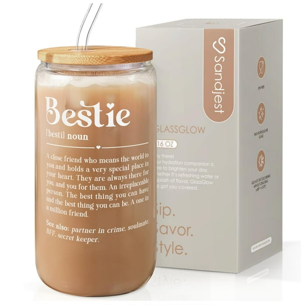 Vaso para beber SANDJEST, botella de vidrio de 473 ml, tapa de bambú, pajita