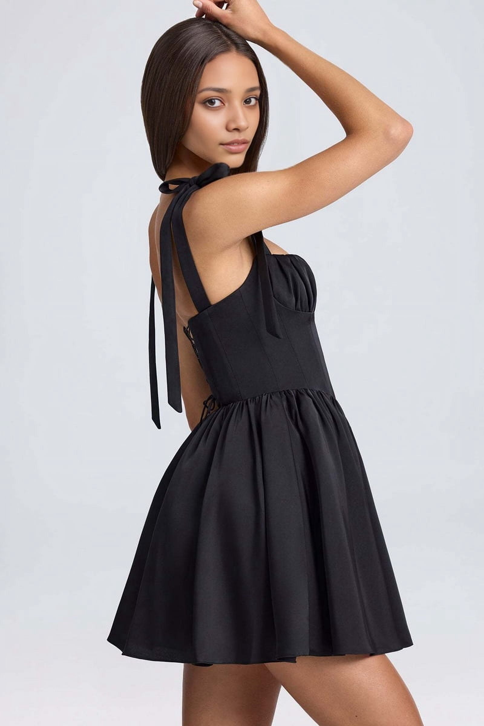 Smocked Ruched A Line Swing Dress Layered Tie Shoulder Flowy - Dress Black S