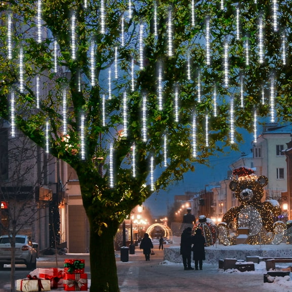 Christmas Lights Outdoor, Meteor Shower Falling Rain Lights 10cm 10 Tube 200 LED Icicle Cascading Lights for Xmas Tree Wedding Party Decoration, White