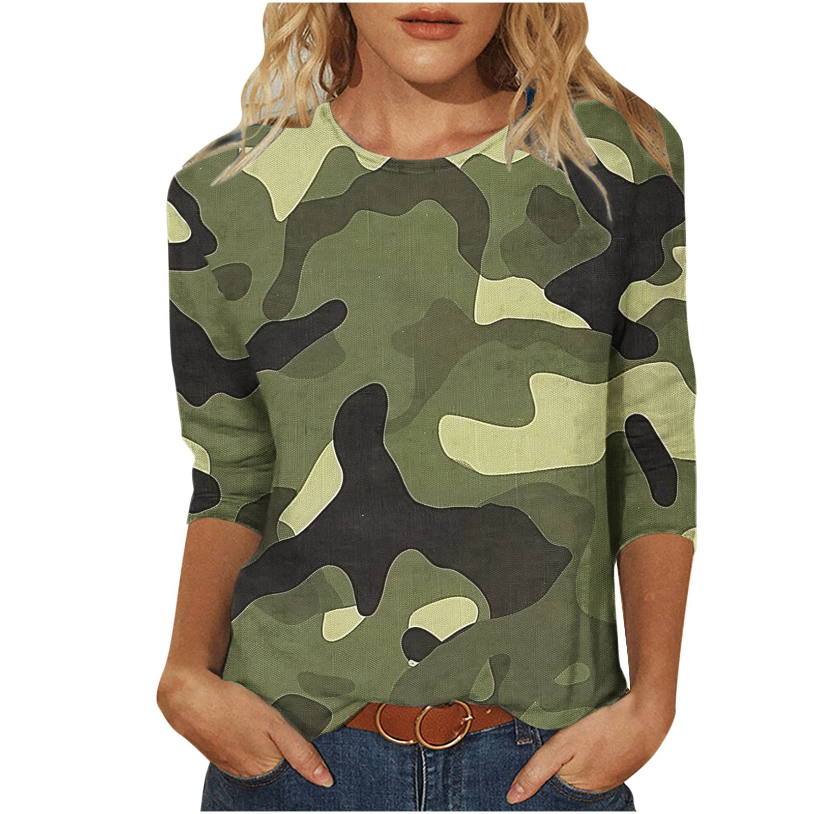 Royisotas 3/4 Sleeve Women's Tops Camo Summer Casual Army Green