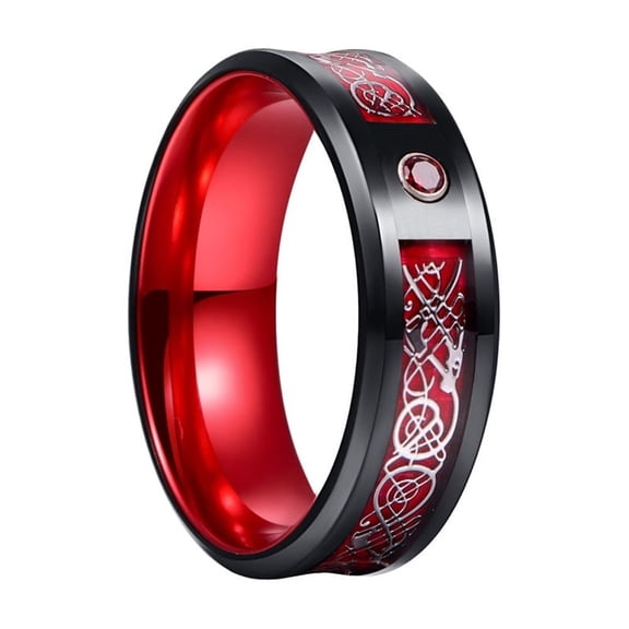 HIJONES Men's Women's Stainless Steel 8MM Carbon Fiber Inlay Celtic Dragon Rings Wedding Inlaid Cubic Zirconia Band Red Silver Size 11