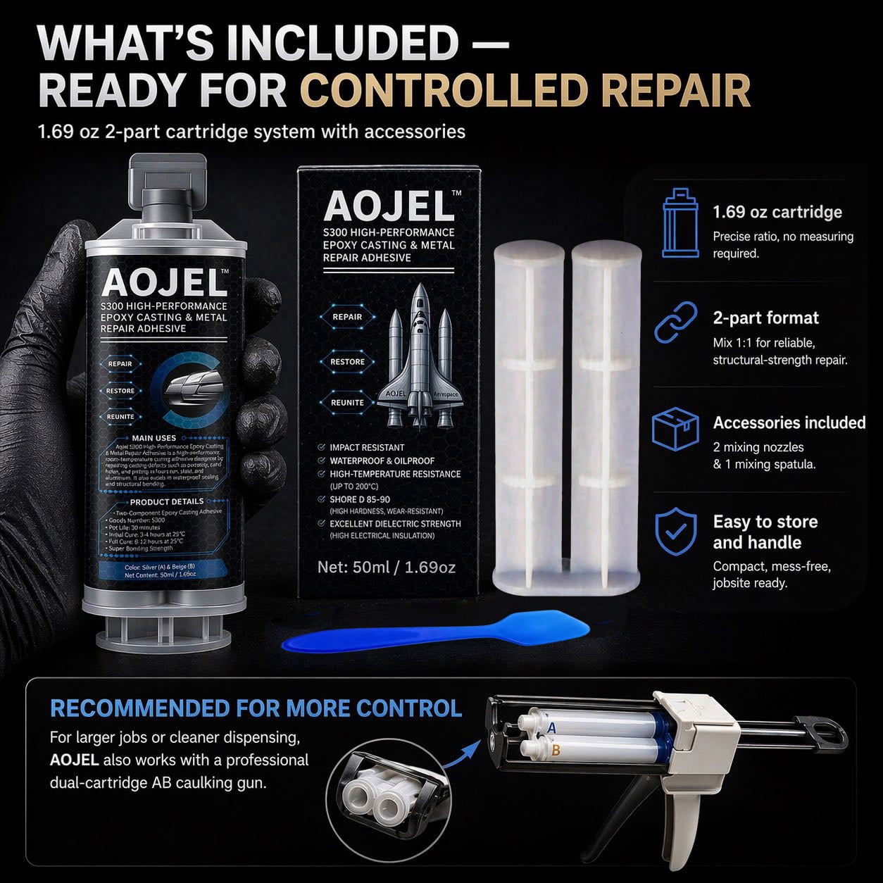 AOJEL S300 Metal Epoxy Adhesive, 2-Part Repair Glue for Metal & Aluminum, 2-Pack, 3.38 oz