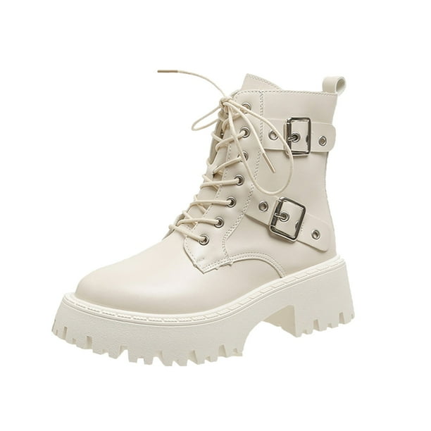 NECHOLOGY Botas Mujer Zapatos Botines para mujer Botas de tobillo redondas a la moda y cómodas para mujer, botas con de tacón grueso, zapatos casuales con suela y cremallera lateral (Beige, 8.5)