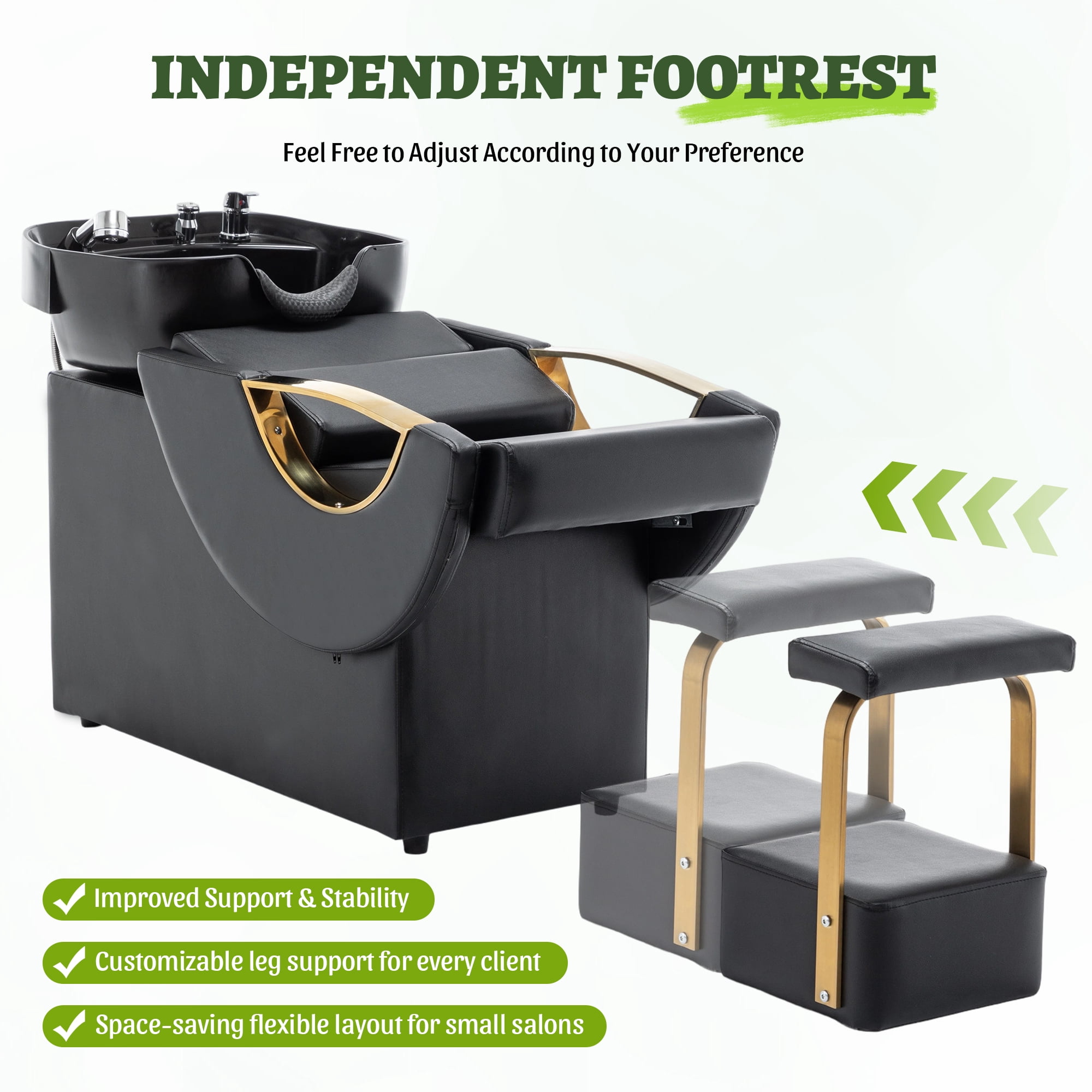 Miniyam 42.4" x 21.8" x 30" Shampoo Bowl & Chair Set with Footstool – Heavy Duty 300 lbs, Deep ABS Basin, Neck Rest, Black & Gold – for Salon Spa Barber