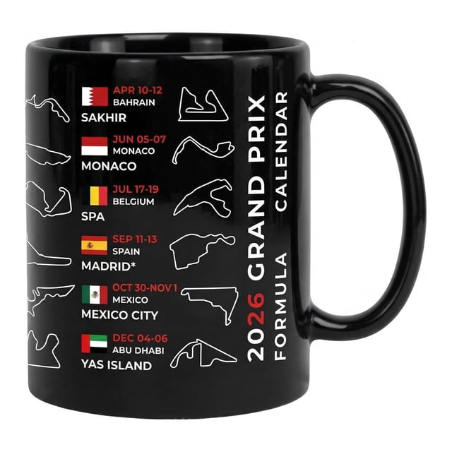 2026 Racing Season Calendar Mug With Ceramic Construction, Grand Prix Circuit Layouts And Dishwasher Safe Design For Motorsport Fans And Office Use, 11Oz