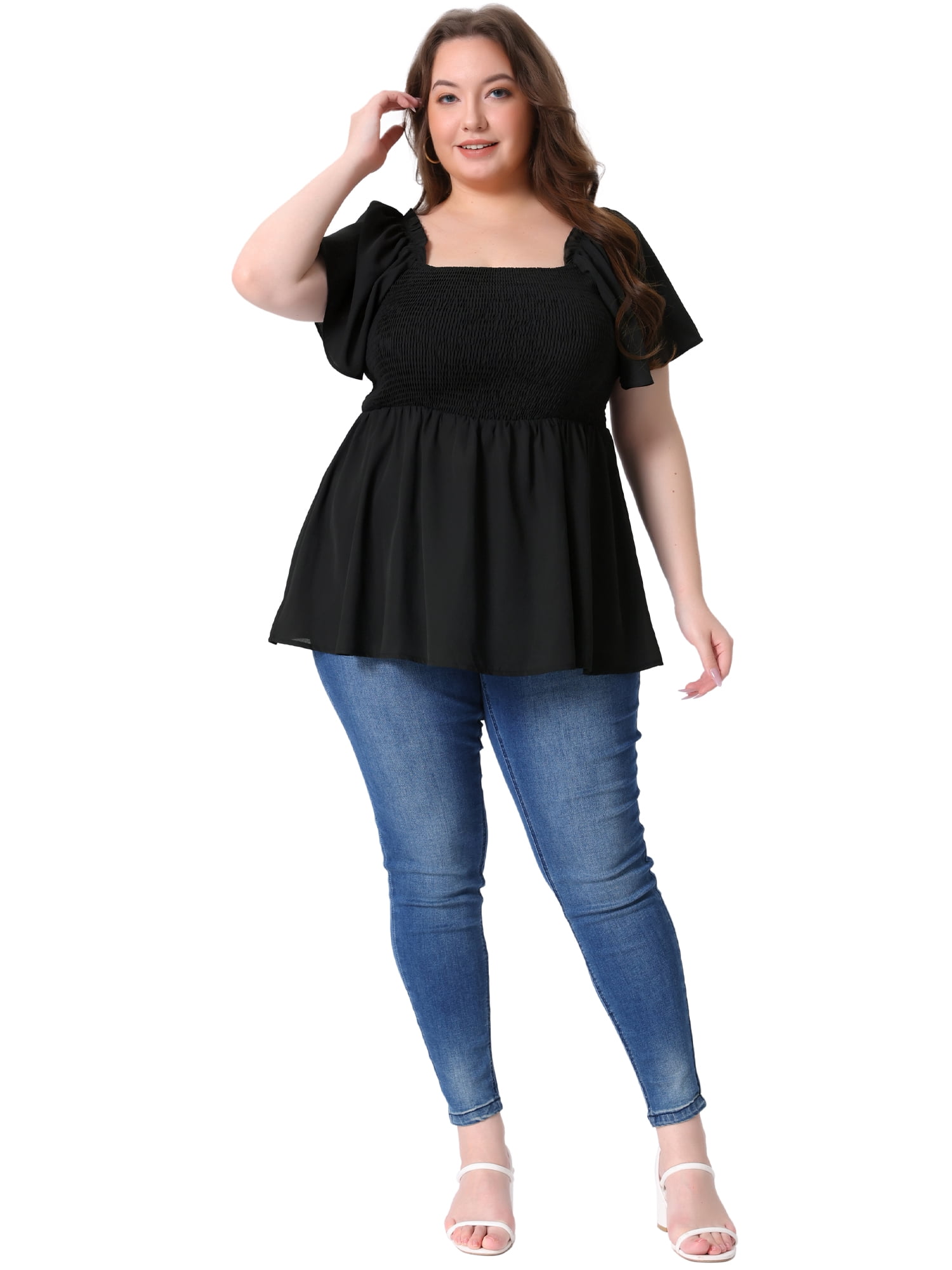DARING DIVA Women's Plus Square Neck Ruffle Hem Blouse 4X Black