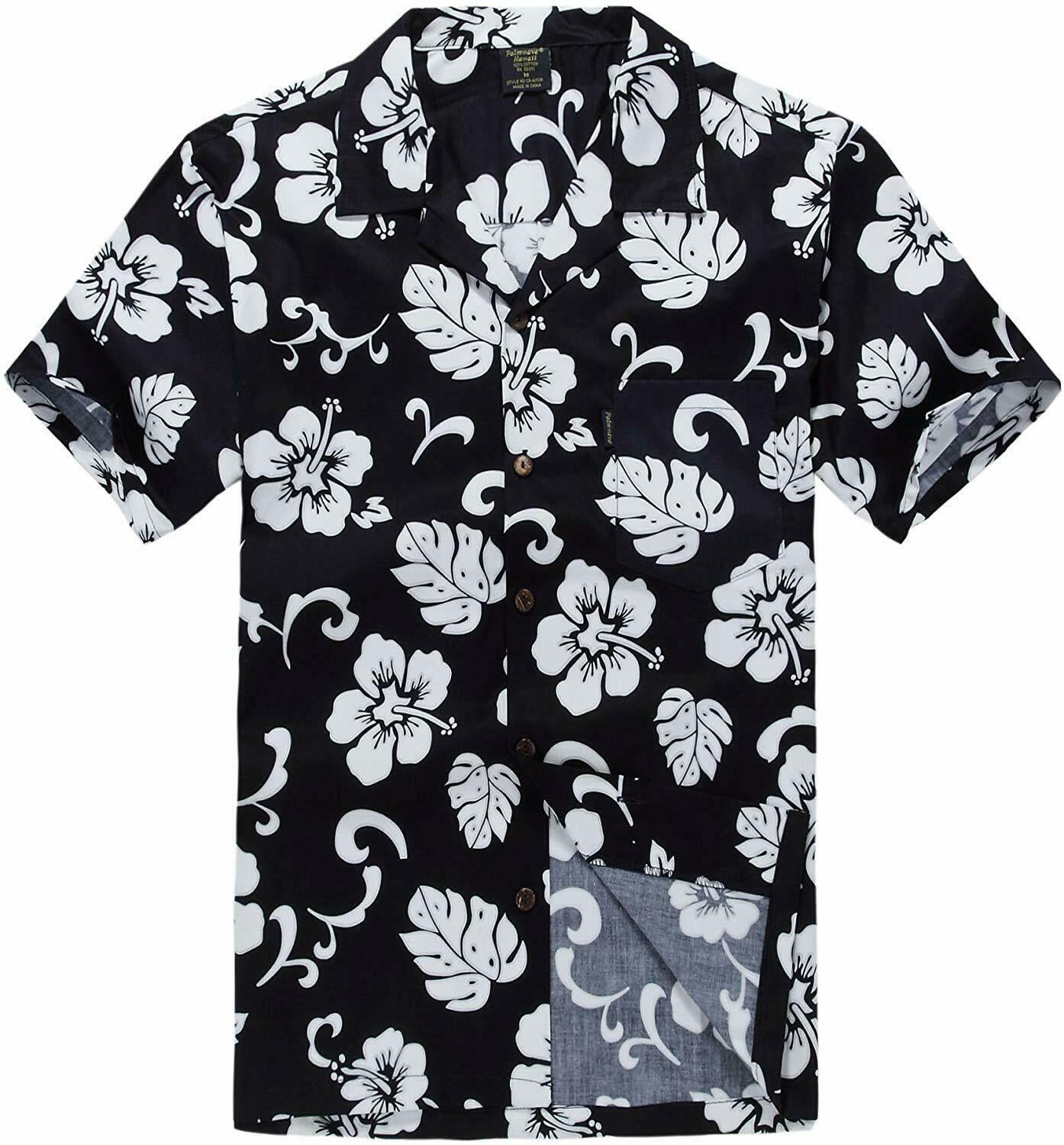 Palm Wave Men's Aloha Hawaiian Shirt Navy Hibiscus Floral Pattern ...