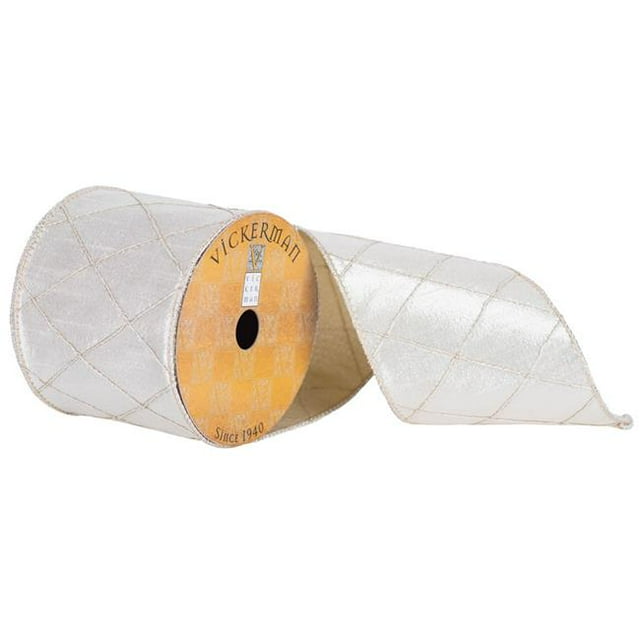 Vickerman Q172173 4 in. x 10 Yard Platinum Metallic Pleated Diamond Wired Ribbon