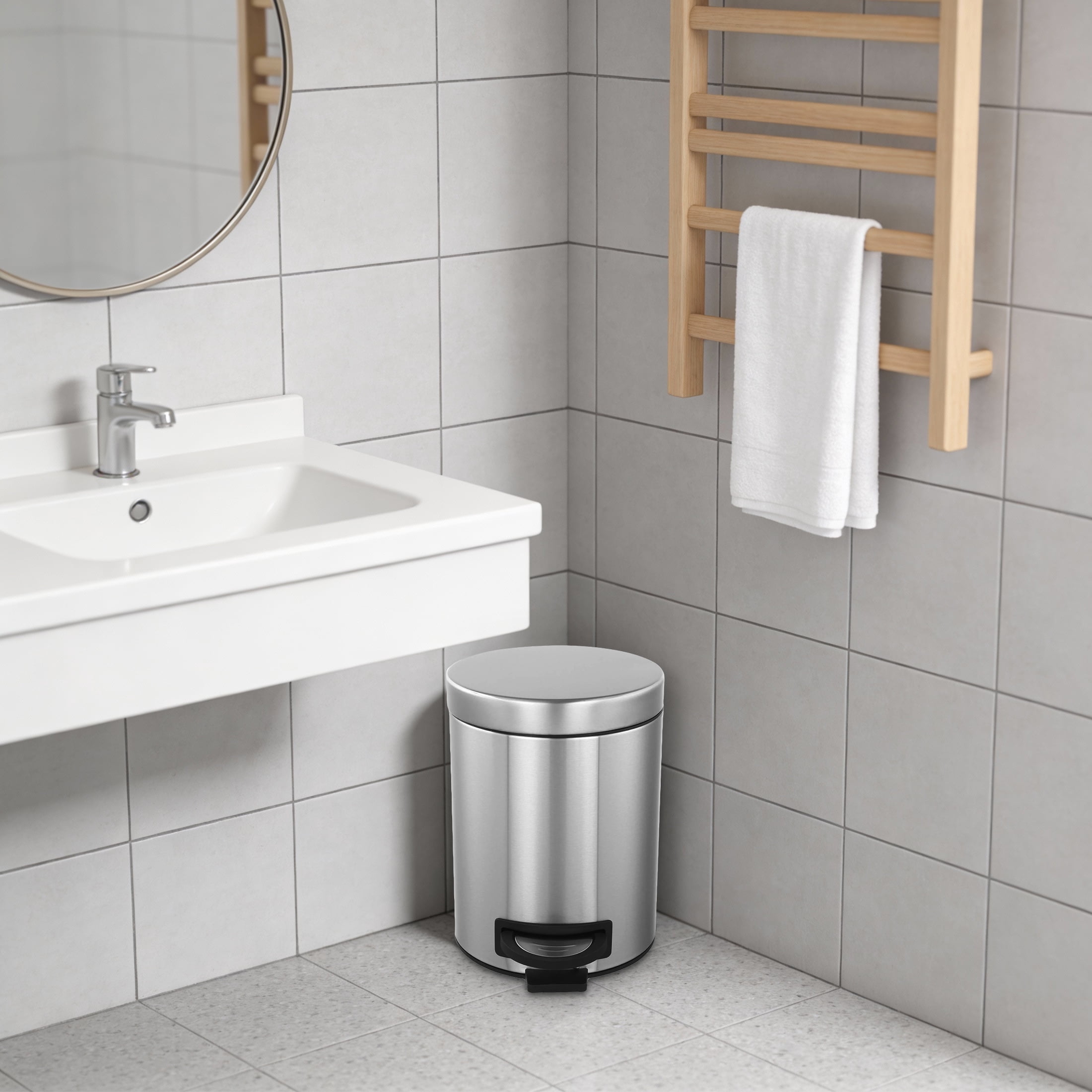 Koomade 2 Pack Bathroom Kitchen Trash Can, 1.3 Gallon Stainless Steel Step Round Garbage Bin, Silver