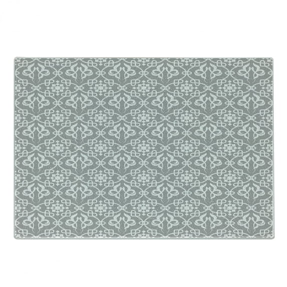 Irish Cutting Board, Royal Antique Floral Curves Old Fashioned Style Folkloric Tile, Decorative Tempered Glass Cutting and Serving Board, Small Size, Grey and White, by Ambesonne