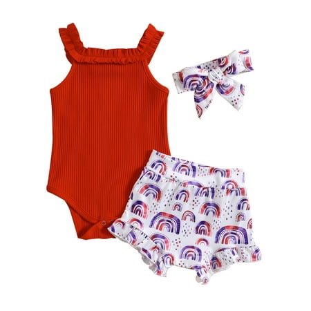 

Wassery 4th of July Baby Girls Summer Outfit Sets 3 6 12 18 Months Infant Girl Independence Day Clothes Sleeveless Rib Knitted Romper+Floral/Rainbow Print Shorts + Headband 0-18M