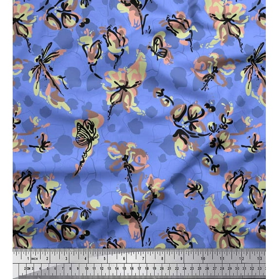 Soimoi Blue Cotton Duck Fabric Dragonfly,Floral & Texture Printed Fabric 1 Yard 56 Inch Wide