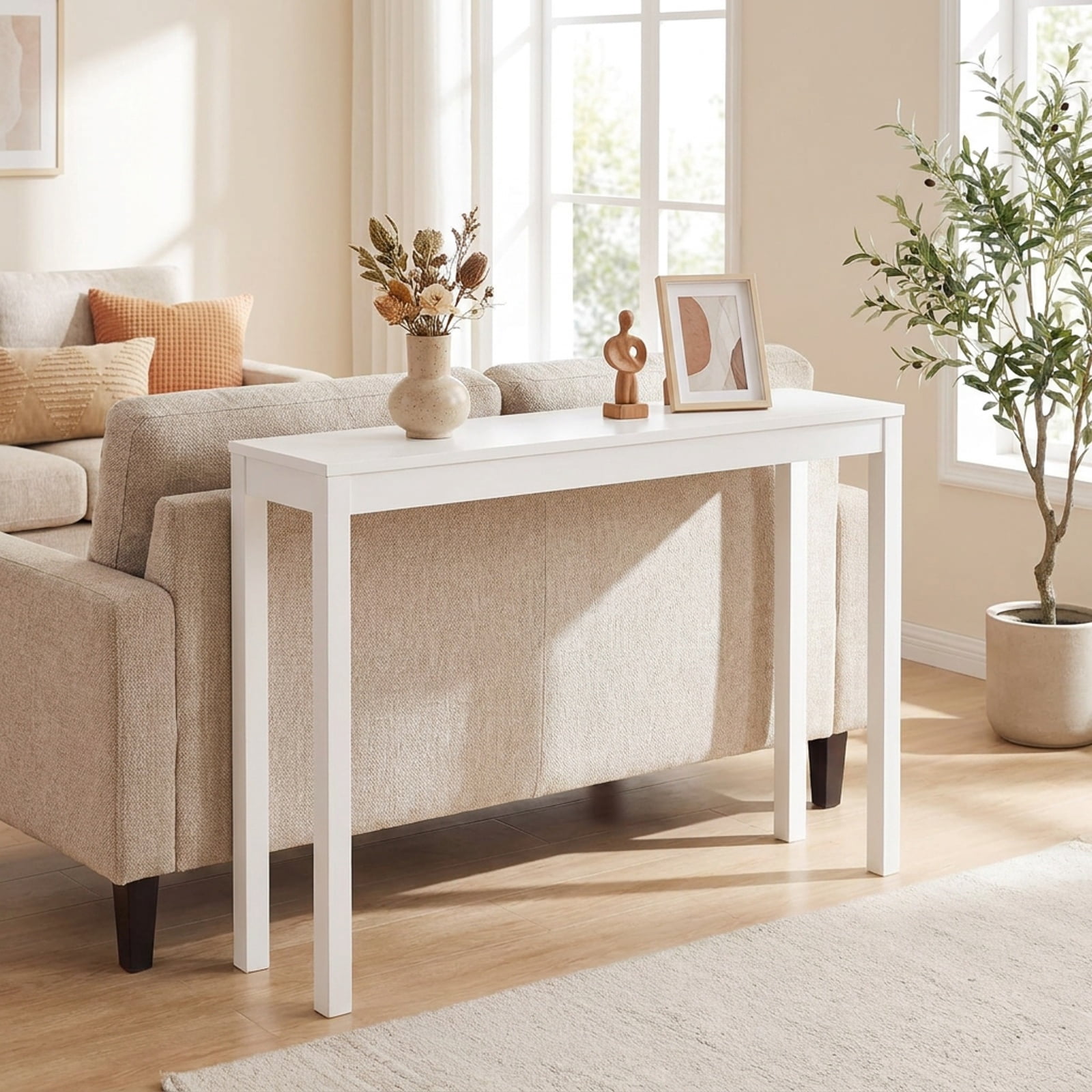 Furnibear Wooden Console Table Modern Farmhouse Narrow Sofa Table with Thickened Top for Entryway Hallway and Living Room, White