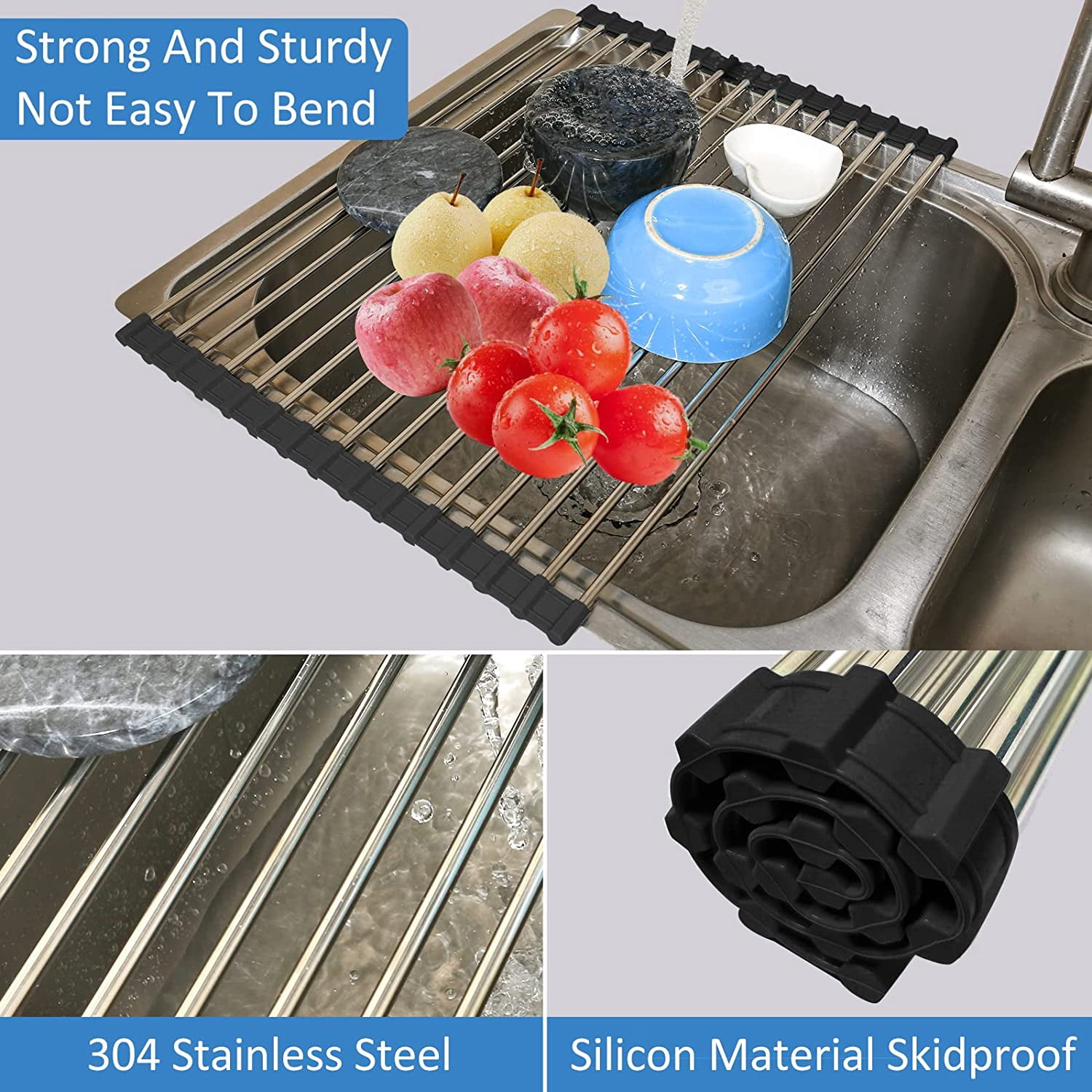 Dish Drying Rack Roll Up Dish Racks Multipurpose Foldable Stainless Steel Over Sink Kitchen Drainer Rack for Cups Fruits Vegetables Black 20.47in X 15.35in