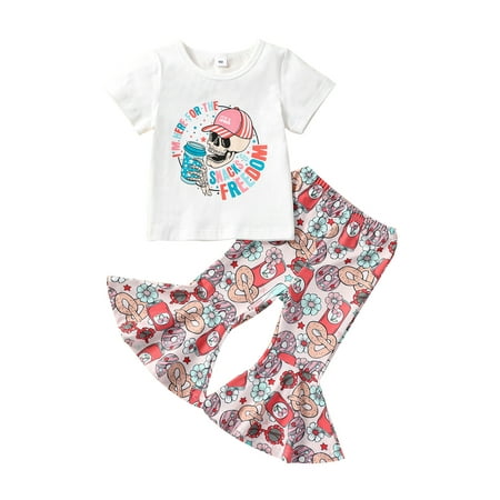 

4th of July Toddler Girl Outfit Letter T Shirt Floral Flared Pants Retro Bell Bottoms Memorial Day Patriotic Clothes