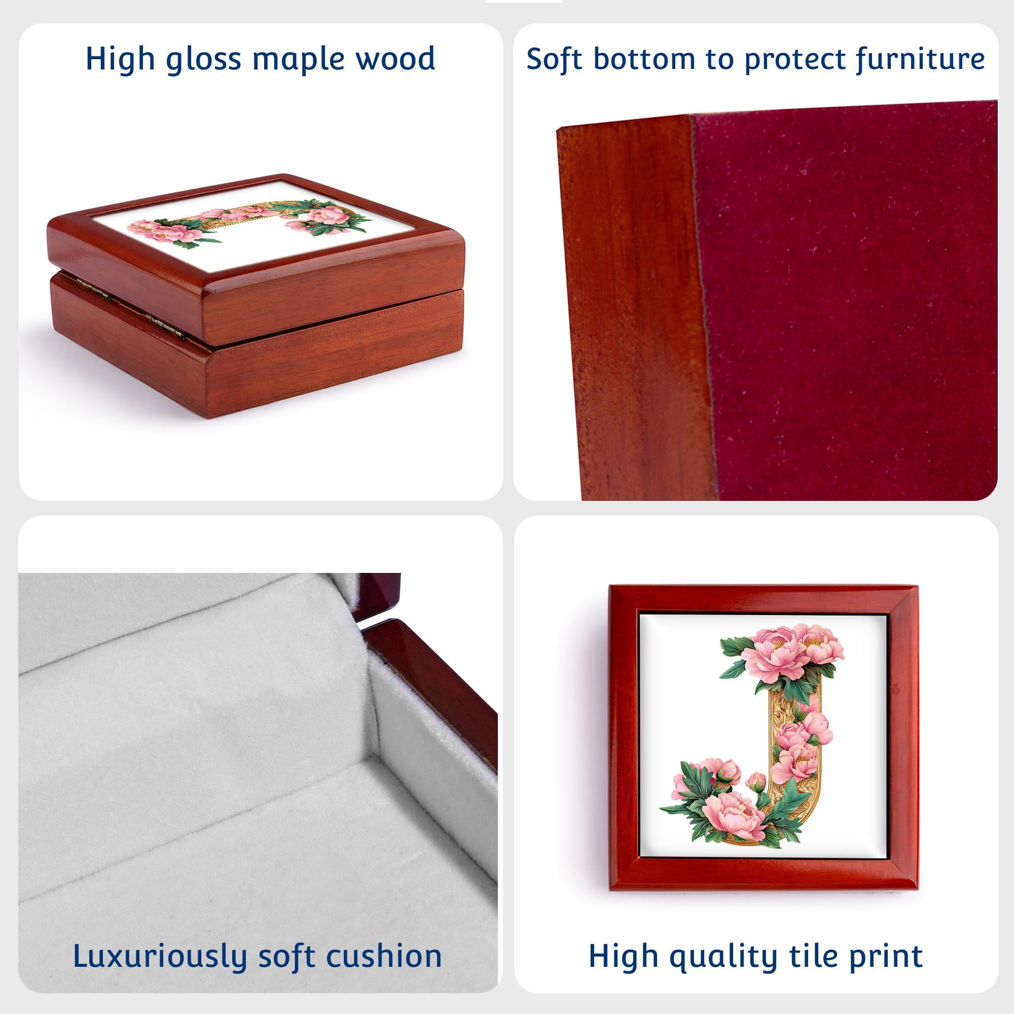 3dRose, Pretty Pink Peony Floral Monogram Initial J, Jewelry Box 5.5x5.5 inch with 4 inch tile