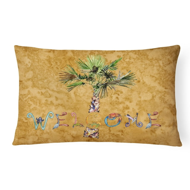Carolines Treasures 8709PW1216 Welcome Palm Tree On Gold Canvas Fabric Decorative Pillow