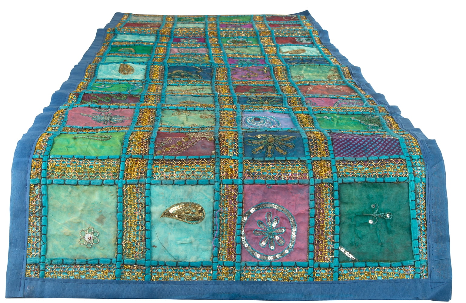 Blue Table Runner 100 Cotton 18" x 50" Hand Embroidered Boho Bohemian