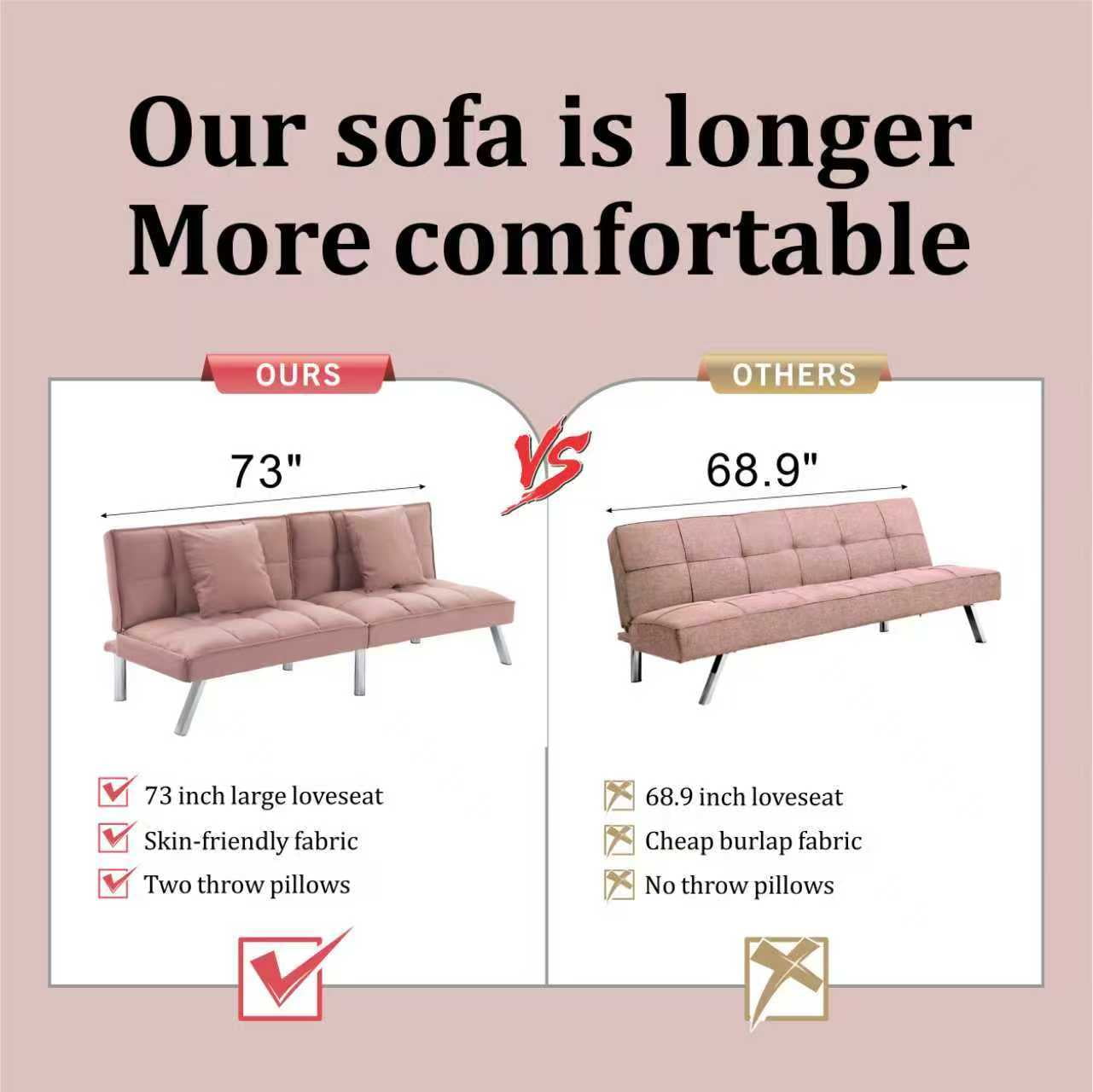 BSHTI 73 inch Modern Futon Sofa Bed with 5-Angle Adjustable Backrest, Pink Velvet Upholstery, Twin Sleeper for Home, Office, Guest Room