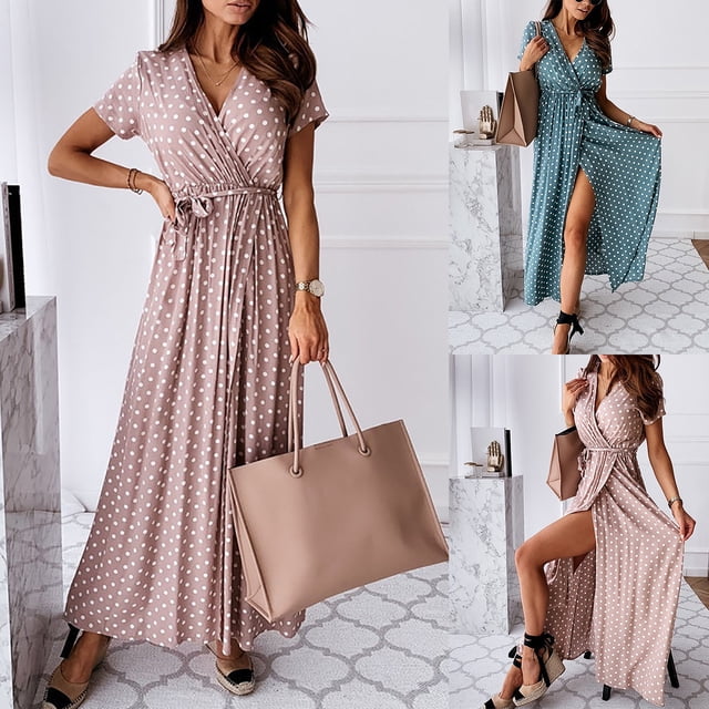 mtvxesu Robes pour Femmes, Robe à Manches Courtes à Col en V Imprimé Bohème Polka, Jupe Longue, Mini Robes