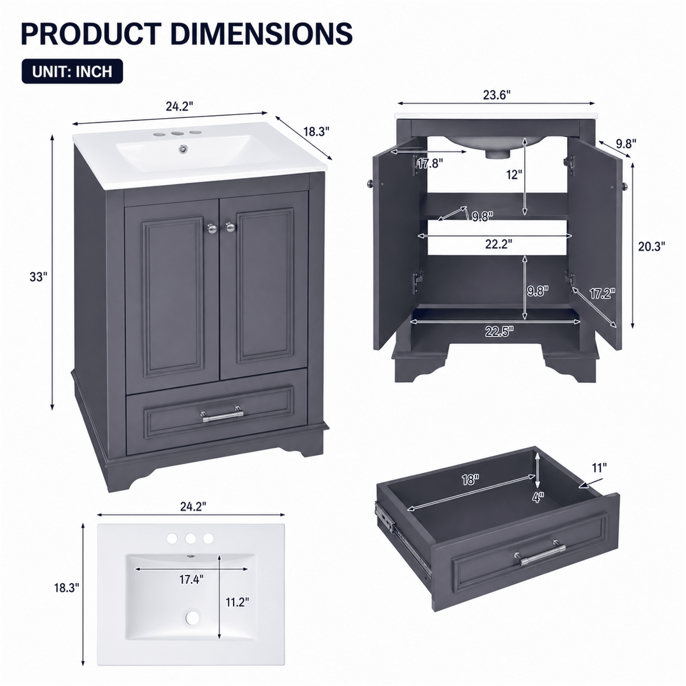 Homy Casa 24" Bathroom Vanity with Ceramic Sink, 2 Doors and Drawer for Small Bathroom, Dark Gray