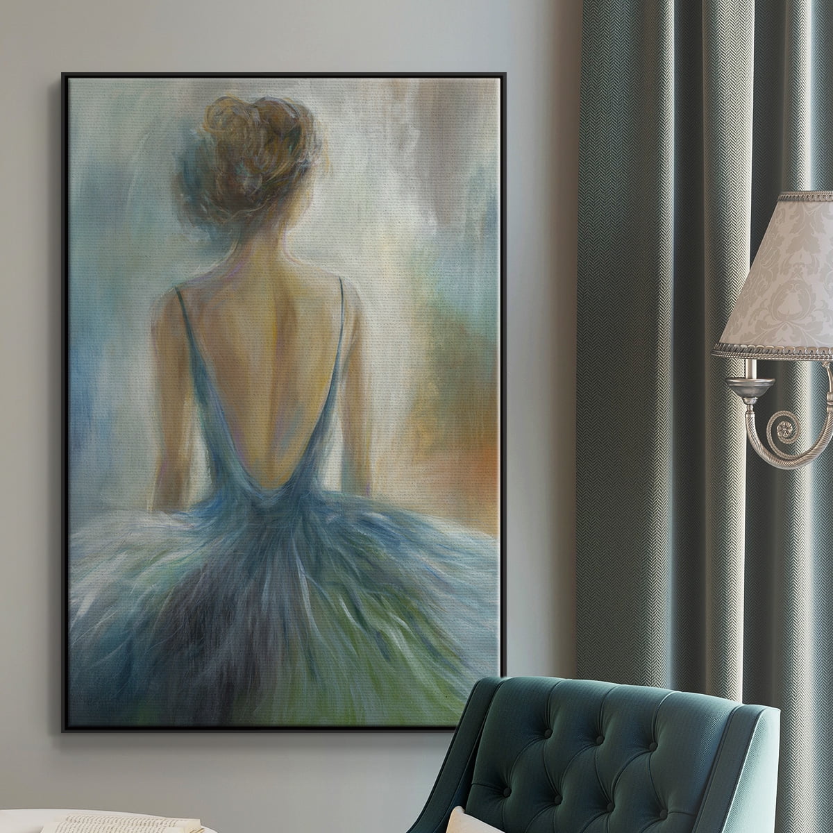 Lady in Blue Framed Premium Gallery Wrapped Canvas - Ready to Hang - 17 x 25 - Black Floating Frame