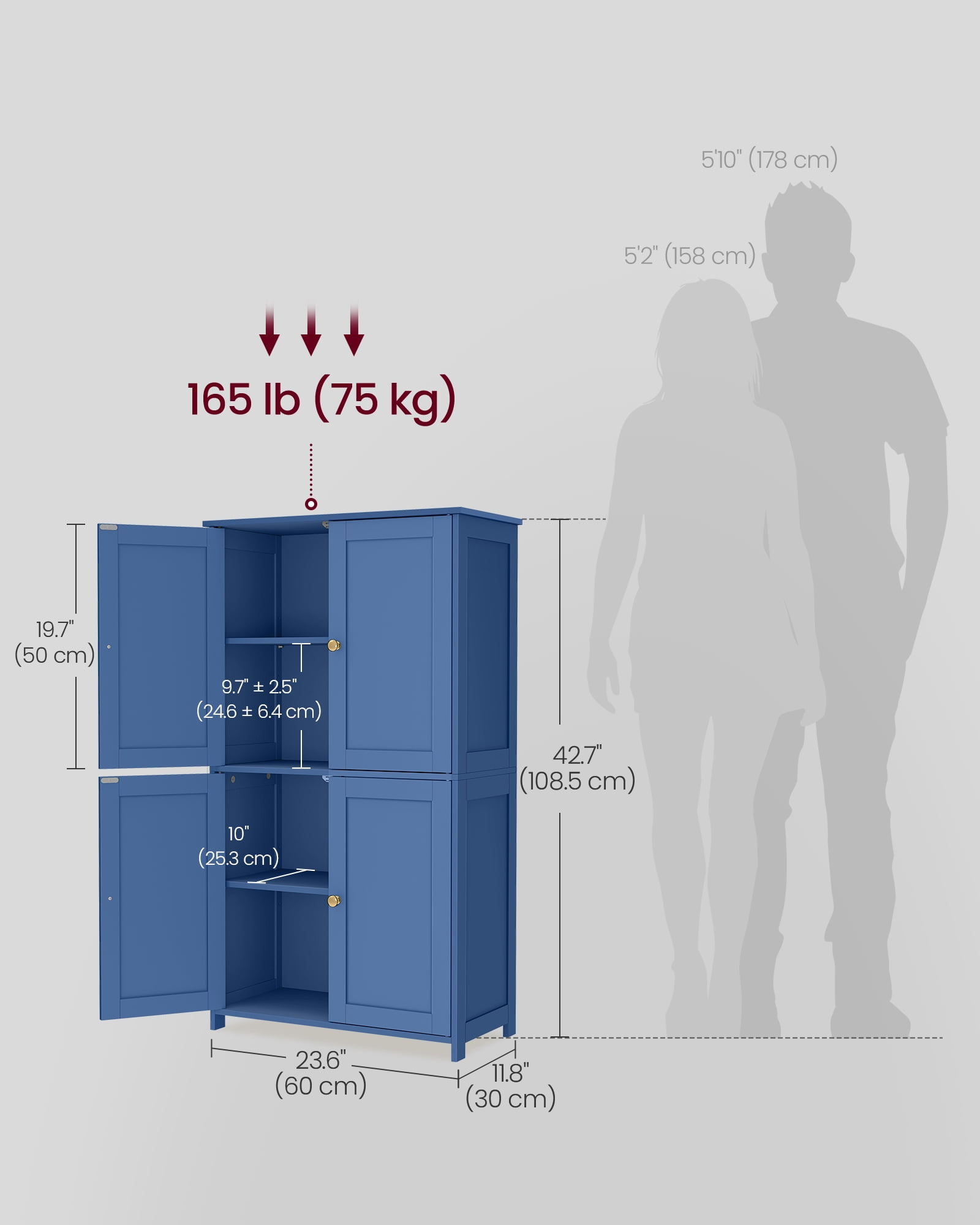 VASAGLE Floor Storage Cabinet, Shaker Cabinet with 2 Adjustable Shelves, 4 Doors, Tall Freestanding Organizer Unit, Bijou Blue