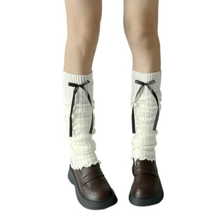 

Sorrowso Casual Ribbed Knit Leg Warmers Women Harajuku Ribbon Bowknot Ruffled Foot Covers