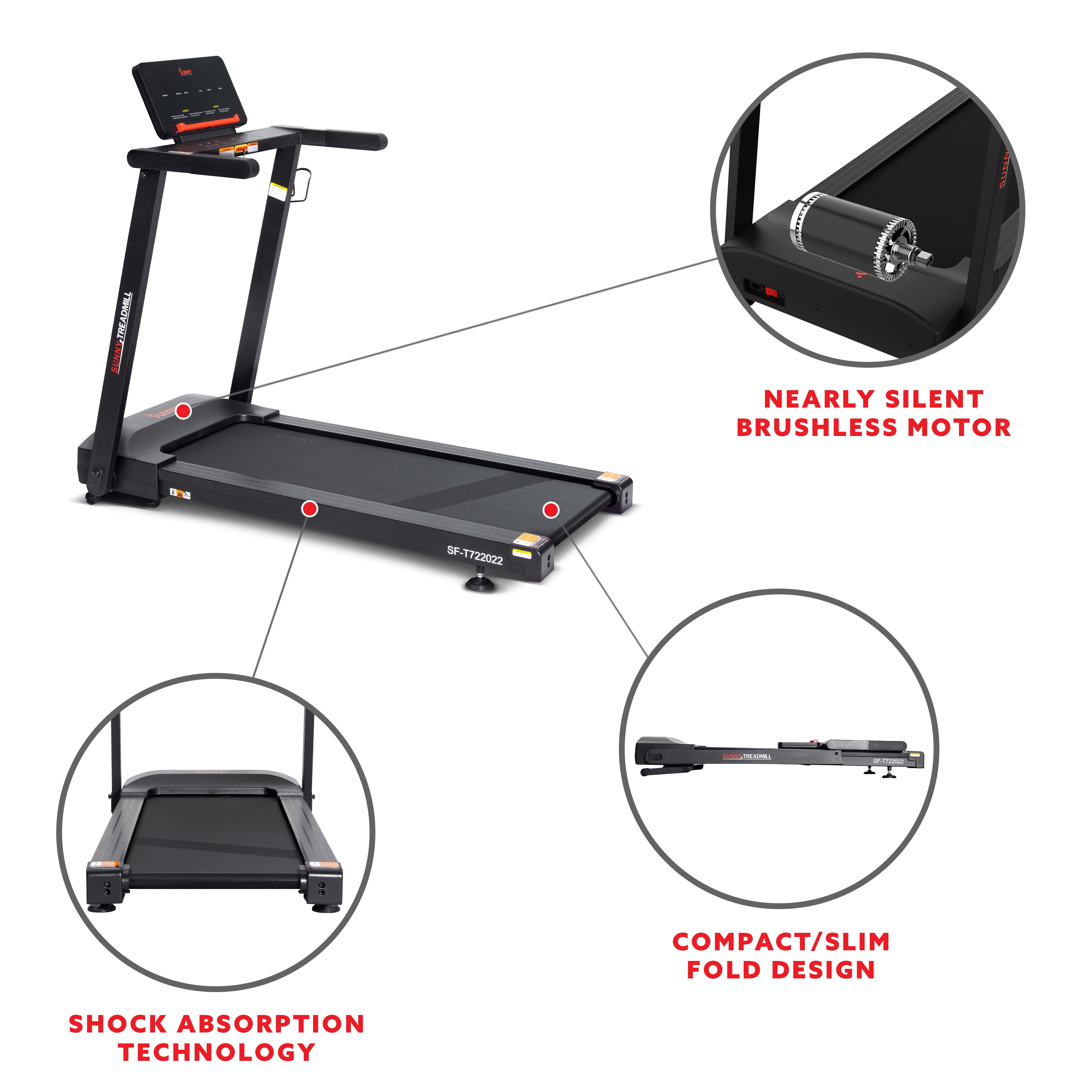 Sunny Health & Fitness Interactive Slim Folding Treadmill, Auto Incline & Free SunnyFit® App Membership– T722022