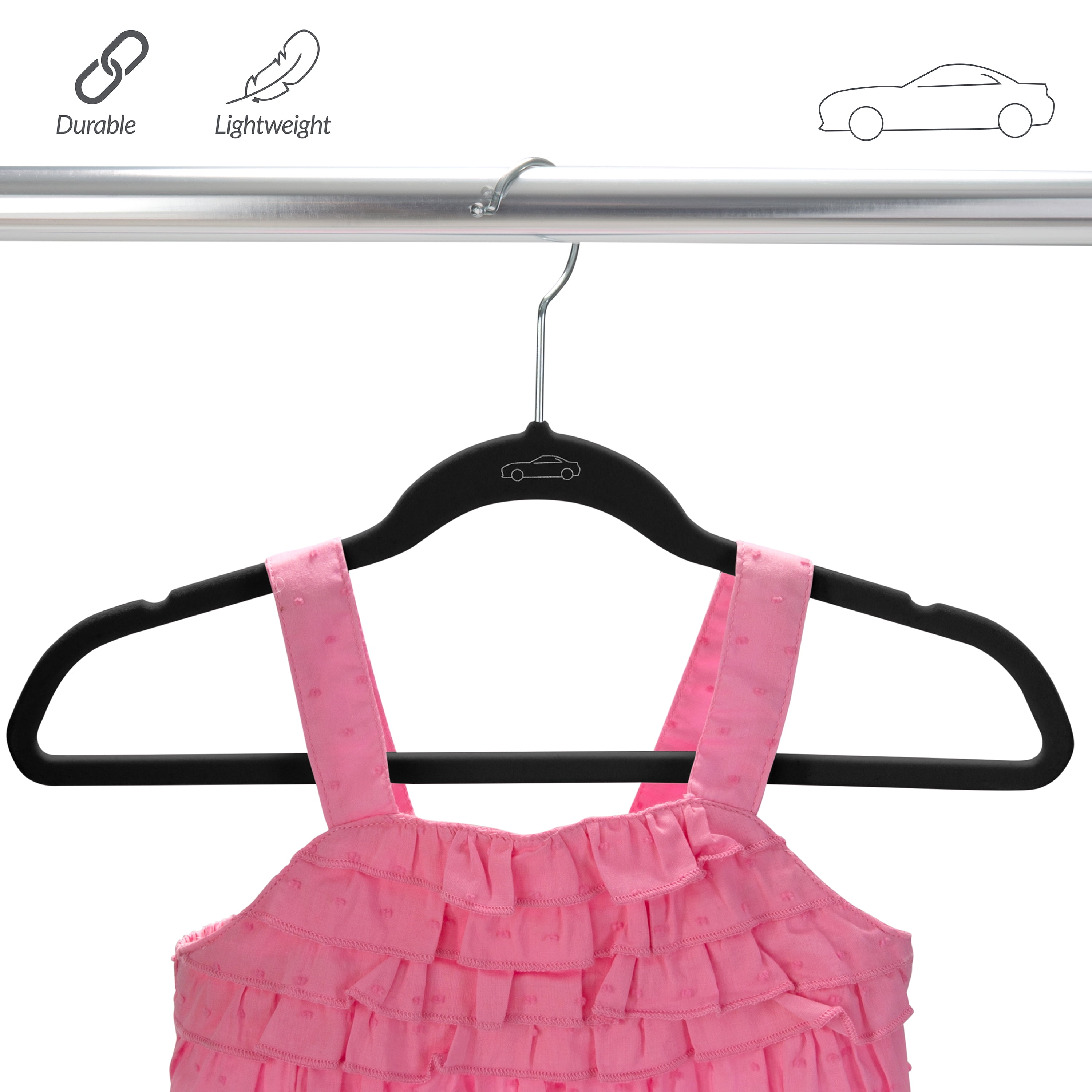 Simplify Kids 50 Pack Velvet Shirt Hangers with Race Car Icon in Black