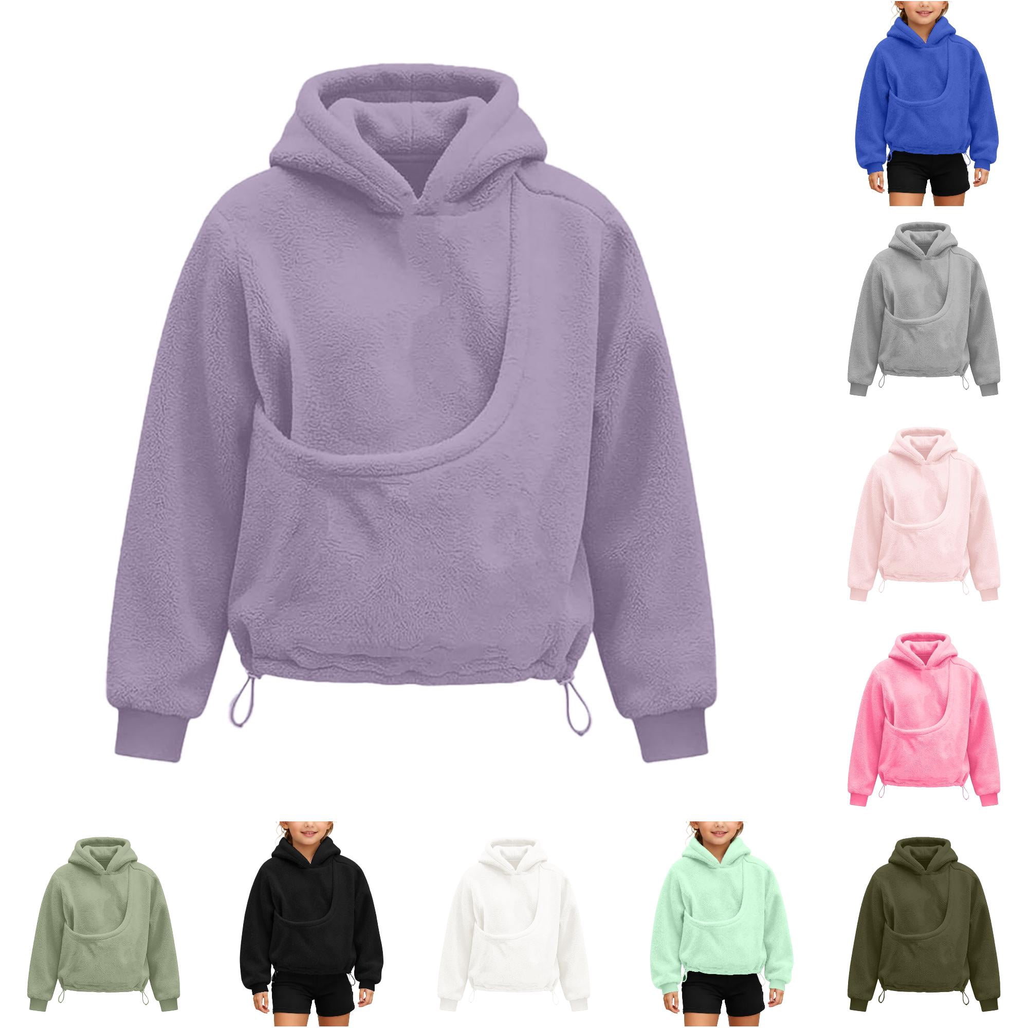 Rggeeun Girls Sweatshirt Cute Pet Pouch Hoodie Long Sleeve Tops Cat Carrier Hoodie Warm Pullover with Hem Drawstring Party Purple 13-14 Years