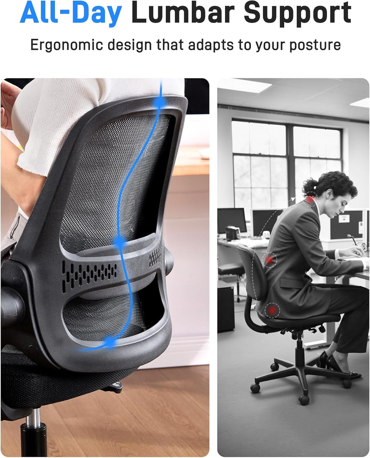 Ergonomic Mesh Office Chair for Home Office, Flip-Up Arms, Breathable Mesh Back & Thick Seat Cushion, Swivel Rolling Computer Desk Chair, Supports 300 lbs (Black Frame/Black Seat)