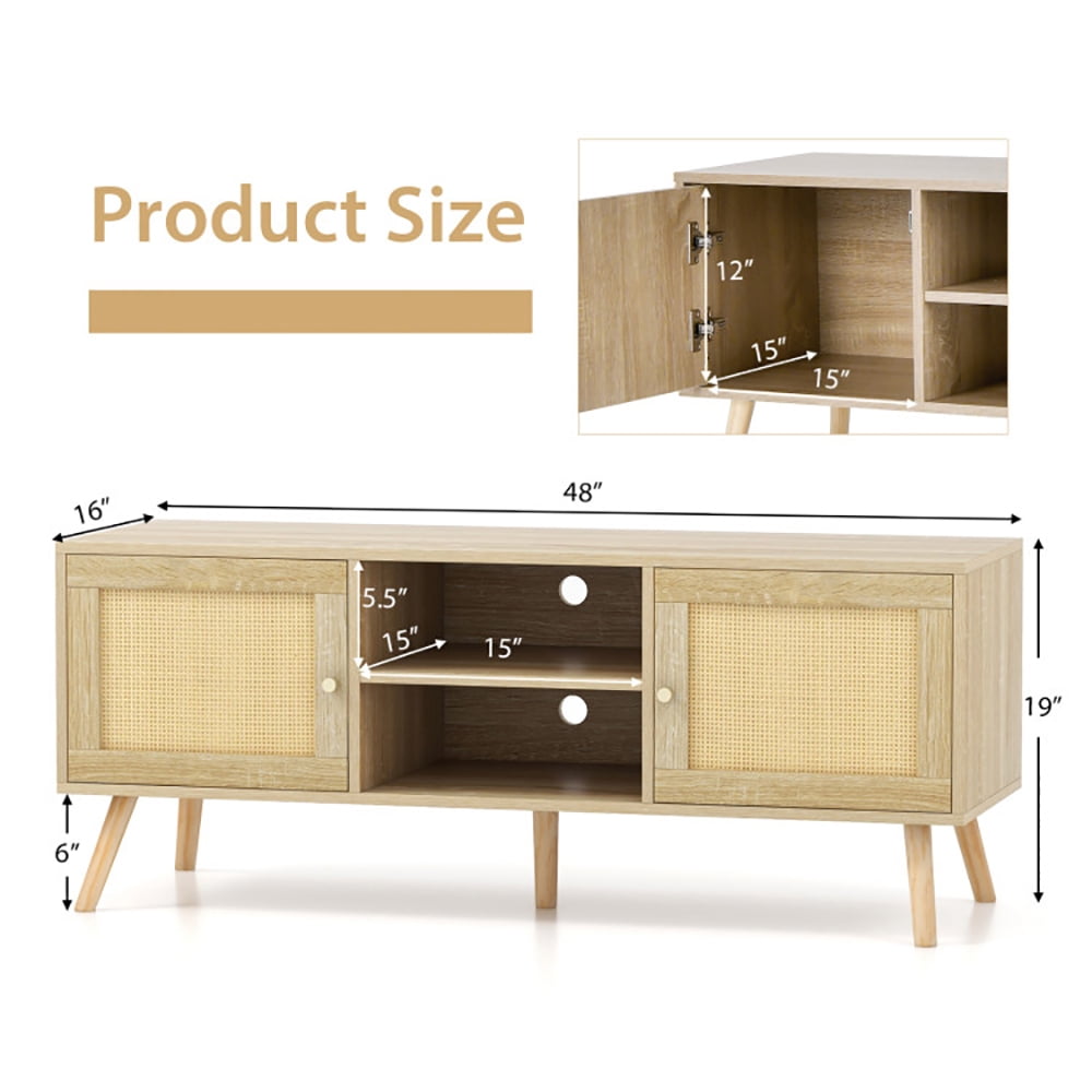 Finihen TV Stand, PE Rattan Media Console Table with 2 Cabinets and Open Shelves, Media Entertainment Center with Storage, for Living Room, Natural