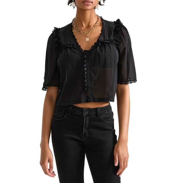 Wangsaura Women Short Sleeve Shirts Lace Ruffles Buttons Fashion Blouses Summer Loose Casual Tops Streetwear