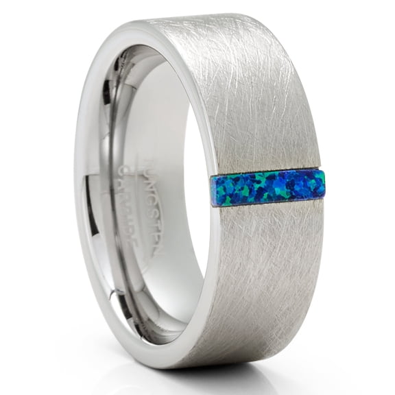 Blue Opal Wedding Ring,Tungsten Wedding Ring,Engagement Ring,Anniversary Ring,Tungsten Carbide