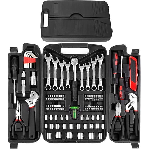 95 Piece Tool Set, Tool Kit, Mechanics Tool Set, Portable Toolbox with Adjustable Wrench Pliers Socket Bits, with Plastic Toolbox, for House Apartment Garage (Red)