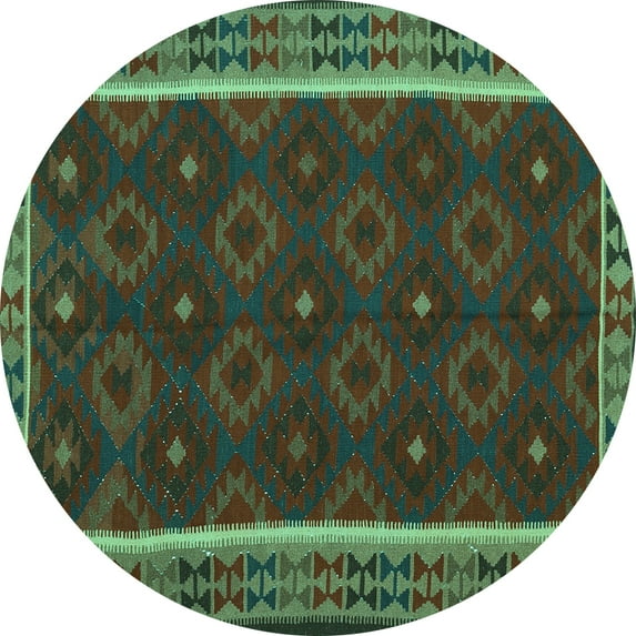 Ahgly Company Machine Washable Indoor Round Oriental Turquoise Blue Traditional Area Rugs, 6' Round