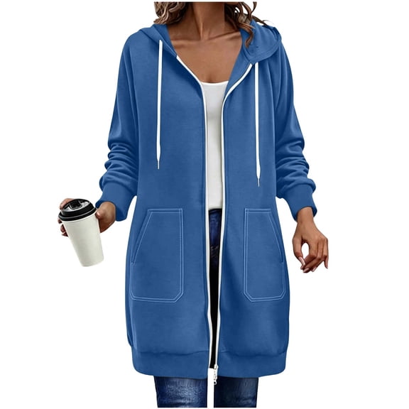 Vivianyo HD Women's Mid Length Dual Zip Up Hooded Sweatshirt, Contrast Stitch Patch Pocket Long Sleeve Fleece Hoodie for Daily Commute Wear, Sizes S-2XL