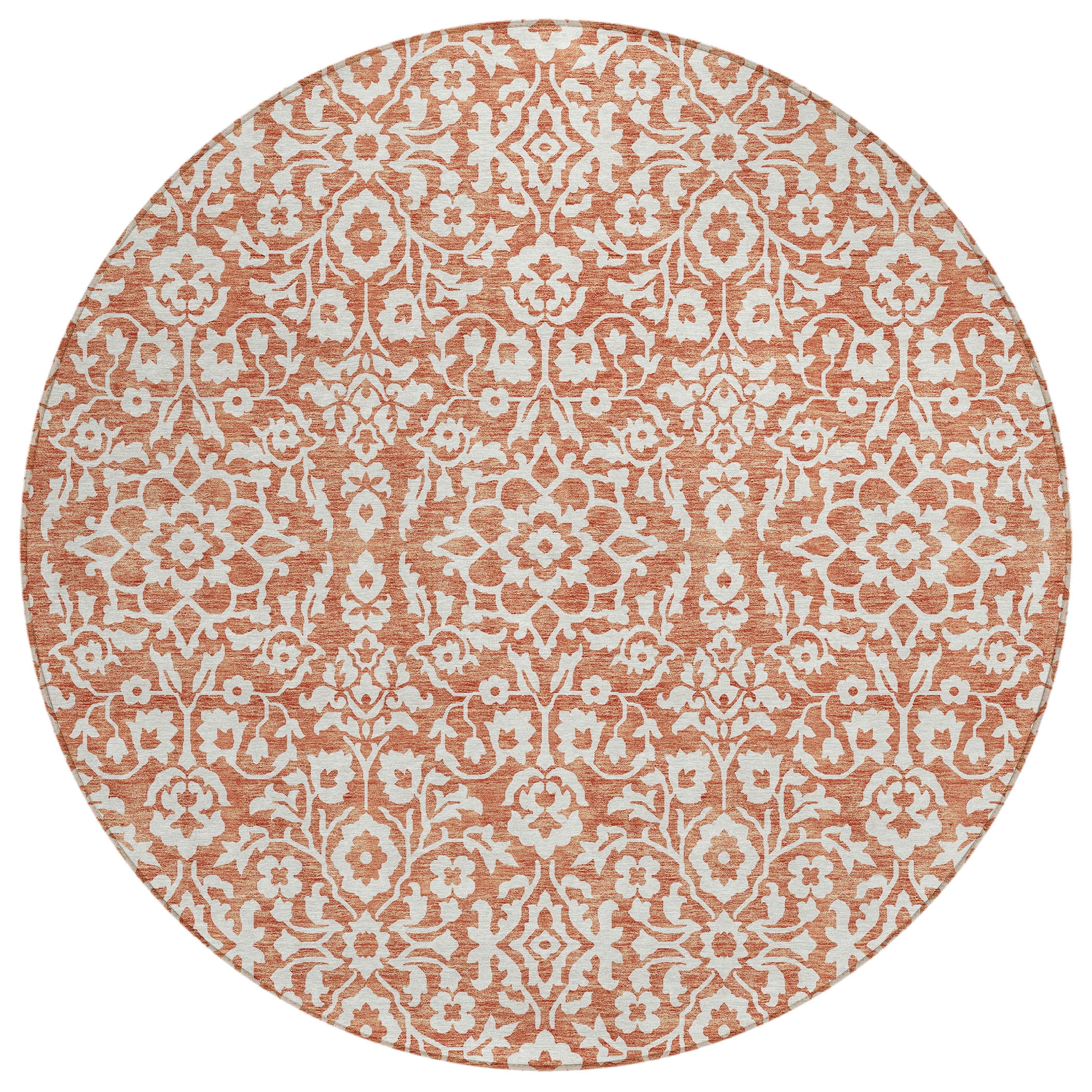 Addison Rugs Chantille Indoor/Outdoor Traditional Damask Coral Washable Round Rug, 8' x 8'