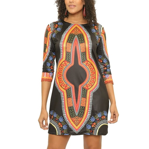 Women's Sexy Stretchy Short Dashiki-Style Bodycon Dress with 3/4-Length Sleeves