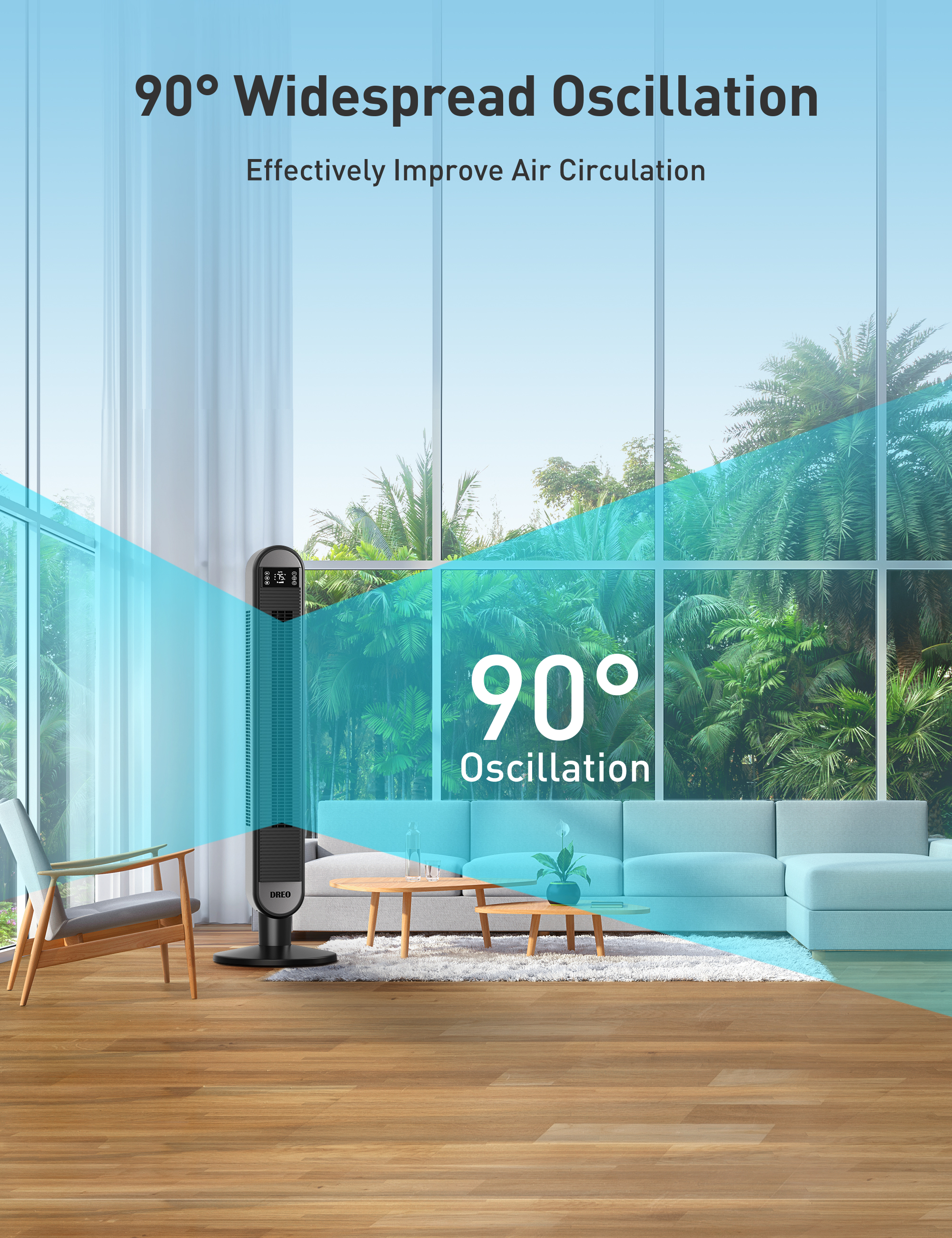 Dreo Tower Fan for Bedroom, 42 Inch Bladeless Fan, 90° Oscillating Fan,  Quiet Floor Fan with Remote, LED Display, 6 Speeds 4 Modes, 12H Timer,  Standing Fans for Home Living Room Office,