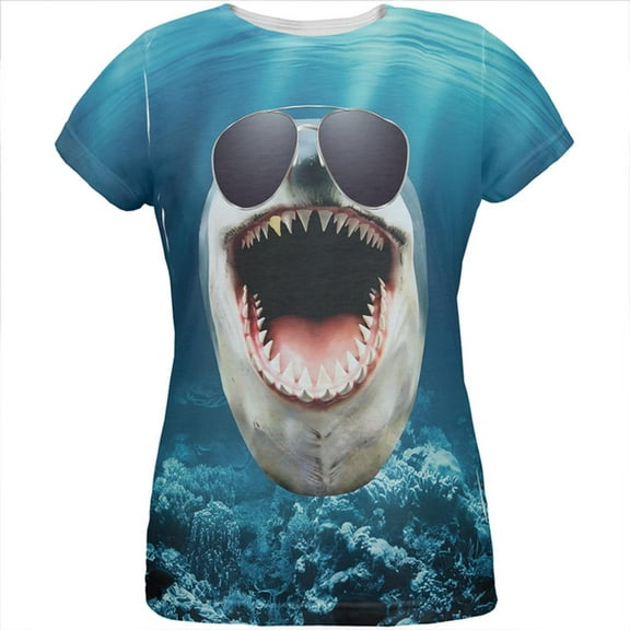 Big Goofy Shark In Sunglasses All Over Womens T Shirt Multi SM