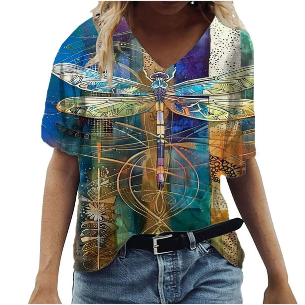 Camisetas de Cuello en V para las Mujeres Más Talla Impresa de Verano, Suelta Casual Camiseta de Manga Corta para Todas las Estaciones