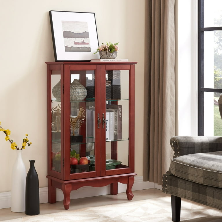 Yone jx je 2 Doors Curio Cabinet with Tempered Glass Doors, Curio Cabinets  with Mirrored Back Panel and Adjustable Shelves, Lighted Display Cabinet 