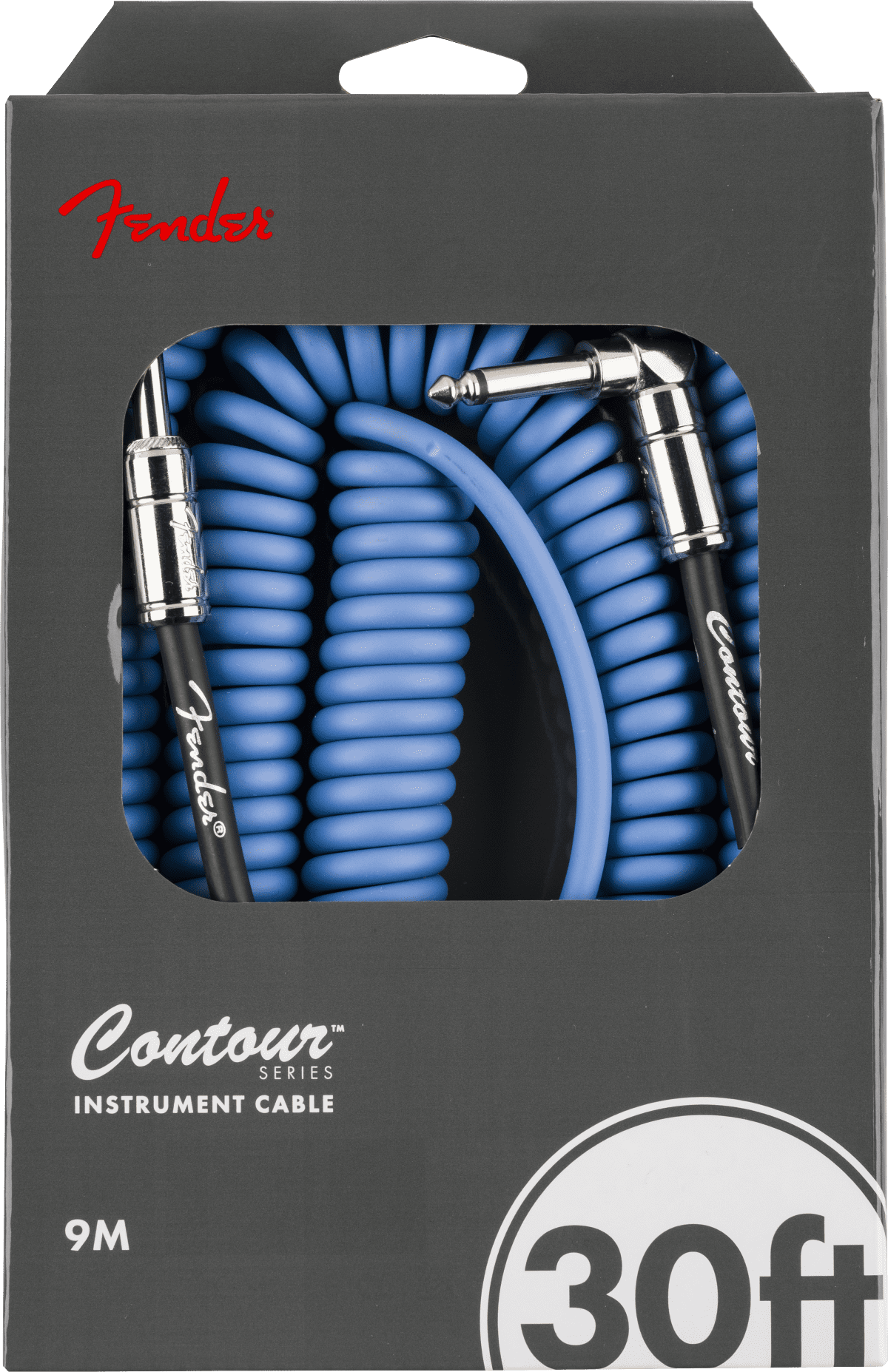 Fender Contour 1/4" Straight to 1/4" Right Angle Coiled Instrument Cable, 30', Lake Placid Blue