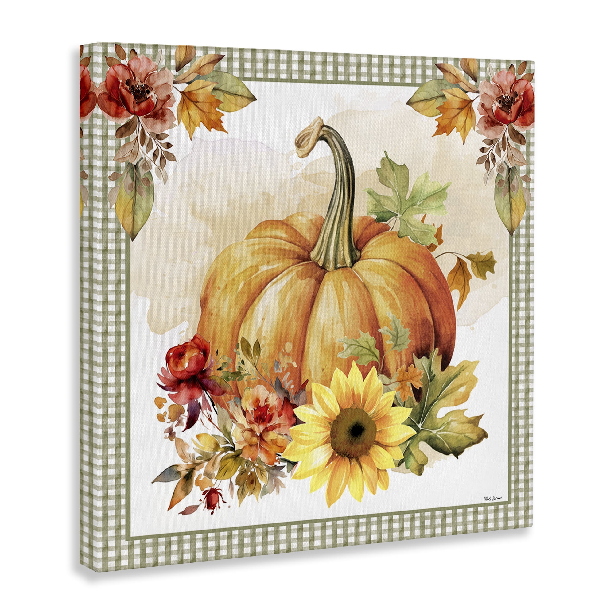 Stupell Industries Gingham Bordered Pumpkin Botanical & Floral Painting Gallery Wrapped Canvas Art Prints Wall Art, 17 x 17