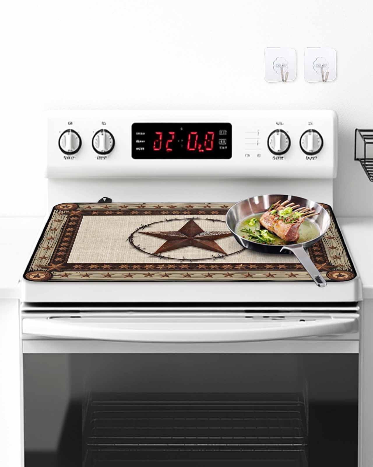 Stove Top Covers for Electric Stove, Country Texas Star Glass Stovetop Cover Protector, Brown Farmhouse Vintage Wooden Induction Cooktop Protector Oven Mat for Kitchen Countertop 24"x21"