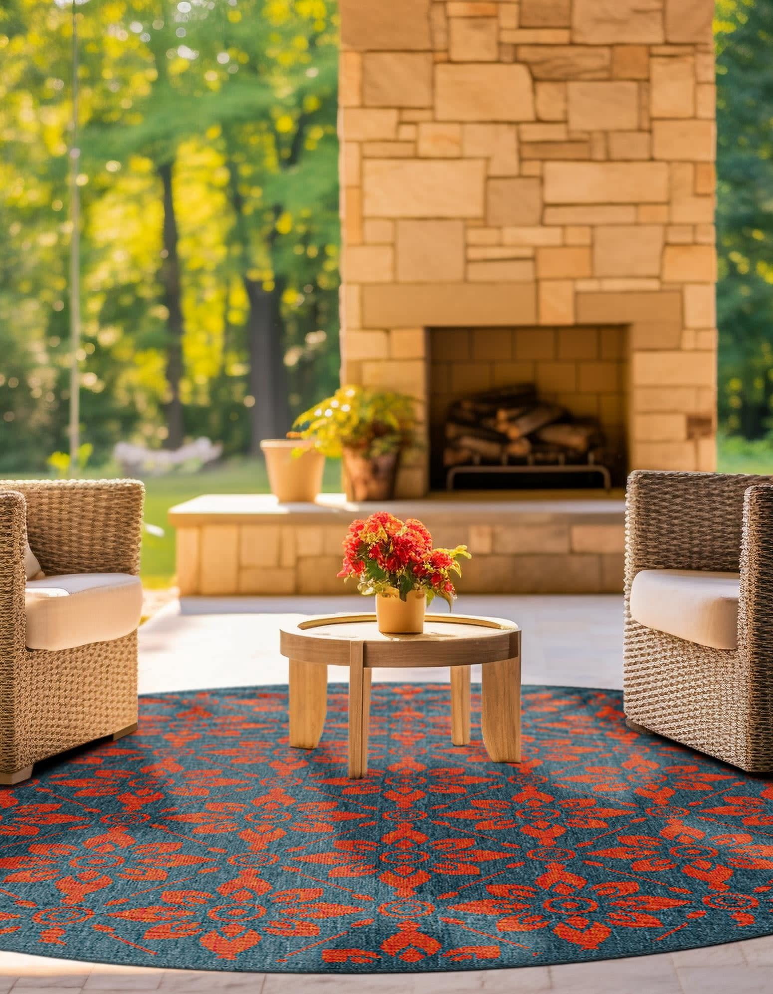 Unique Loom Outdoor Trellis Collection Area Rug - Tiles (4' 1" Round Blue and Red)