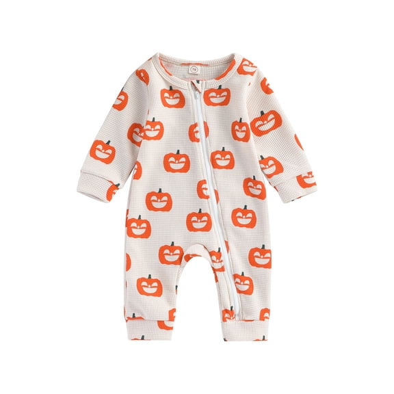Newborn Baby Boy Girl Halloween Clothes Pumpkin Long Sleeve Zipper One-Piece Jumpsuit Romper Fall Winter Bodysuits